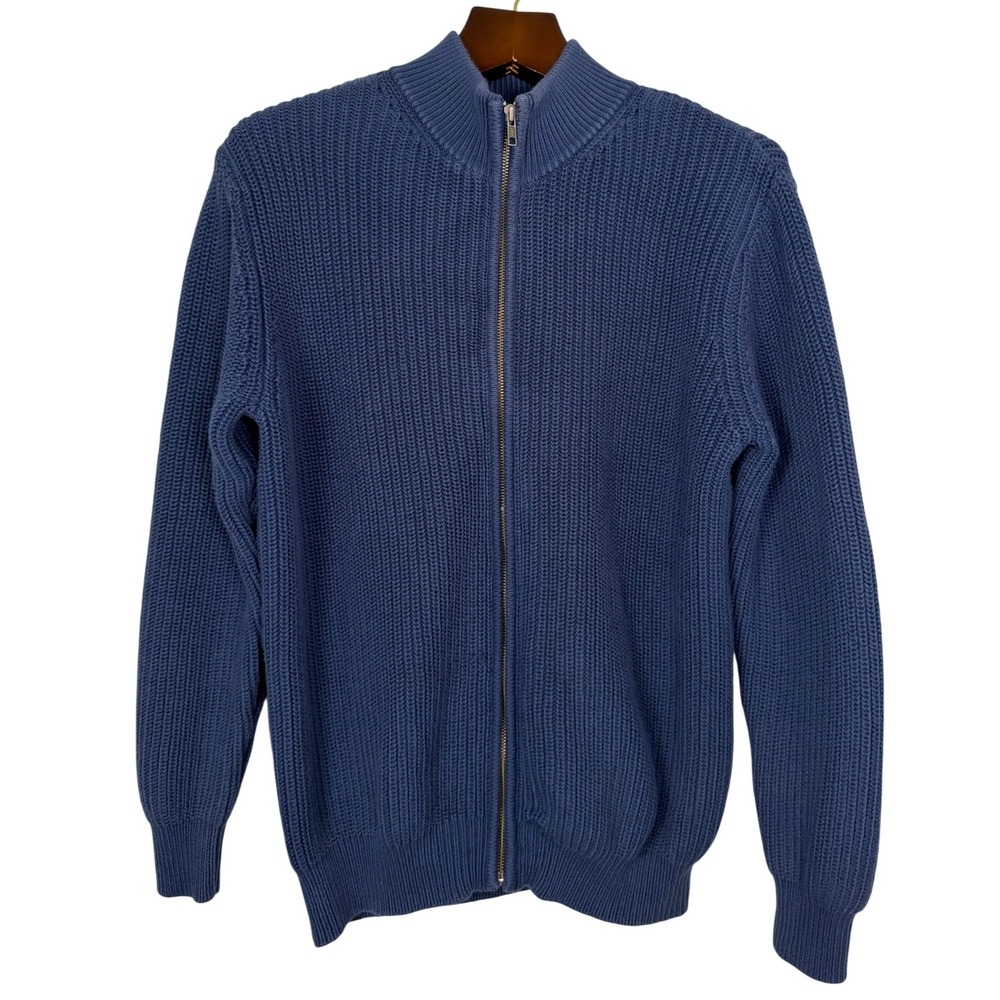LL Bean Mens Large Blue Cotton Ribbed Full Zip Cardigan Sweater Mock Neck 0FHT4